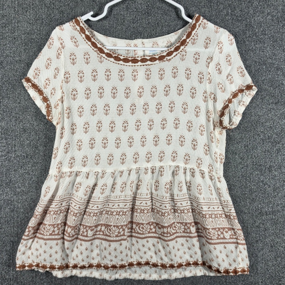 Sigrid Olsen Peplum Top Womens Small Brown Cream Print Embroidered Boho Cottage